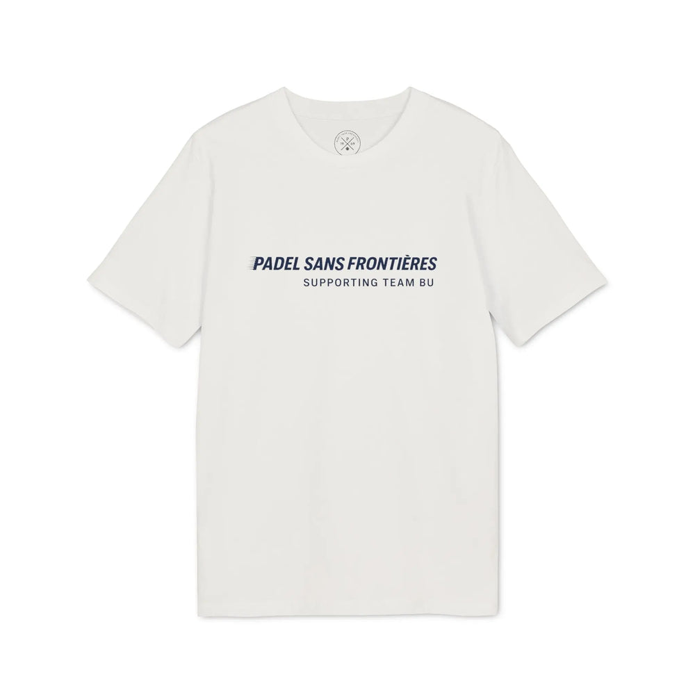 PSF Collective The Printify Bournemouth University Tennis and Padel Club Tee is a white short-sleeve premium cotton shirt with PADEL SANS FRONTIÈRES in bold navy and SUPPORTING TEAM BU in black—ideal for club supporters. Designed for the Unwind