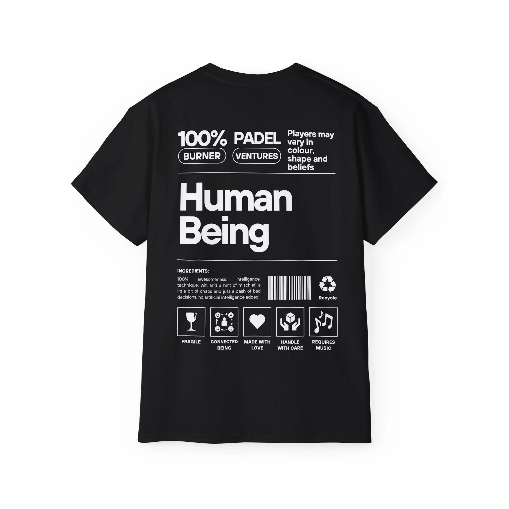 PSF Collective The Limited Edition "Human Being" Tee by Printify is a black shirt with bold white 100% Padel Burner Ventures Human Being text and icons, inspired by Burning Man t-shirt vibes—perfect for Padel in the Dust fans. Designed for the Unwind