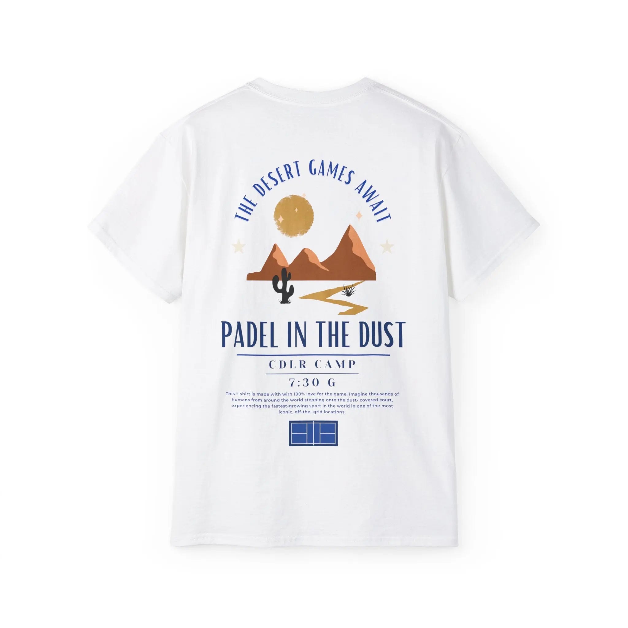 PSF Collective The Limited Edition - Padel in the Dust Tee by Printify features brown mountains, a cactus, and orange sun with “The Desert Games Await” and event details. Perfect for Burning Man or padel fans. Designed for the Unwind
