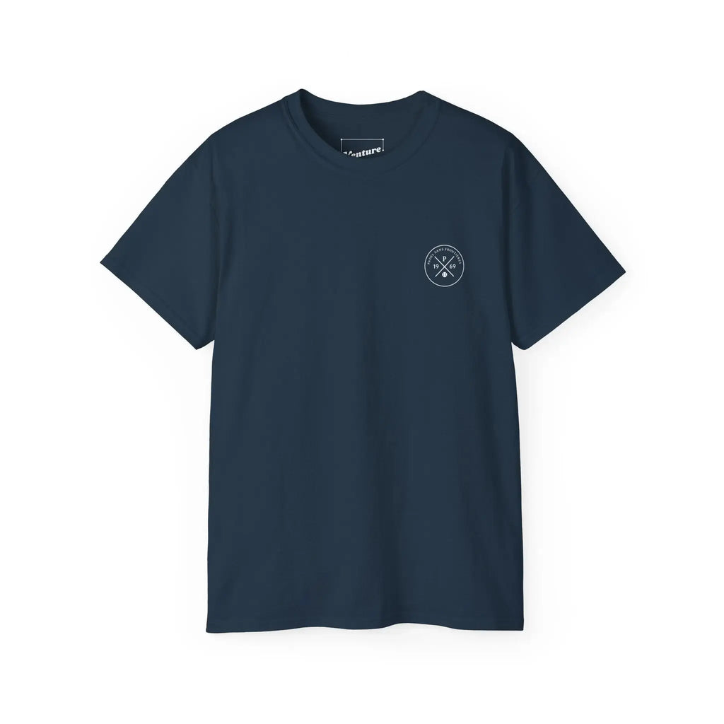 PSF Collective A navy blue short-sleeve Limited Edition "Human Being" Tee by Printify features a small white circular logo with two crossed paddles and waves on the left chest, displayed on a plain white background. Designed for the Unwind