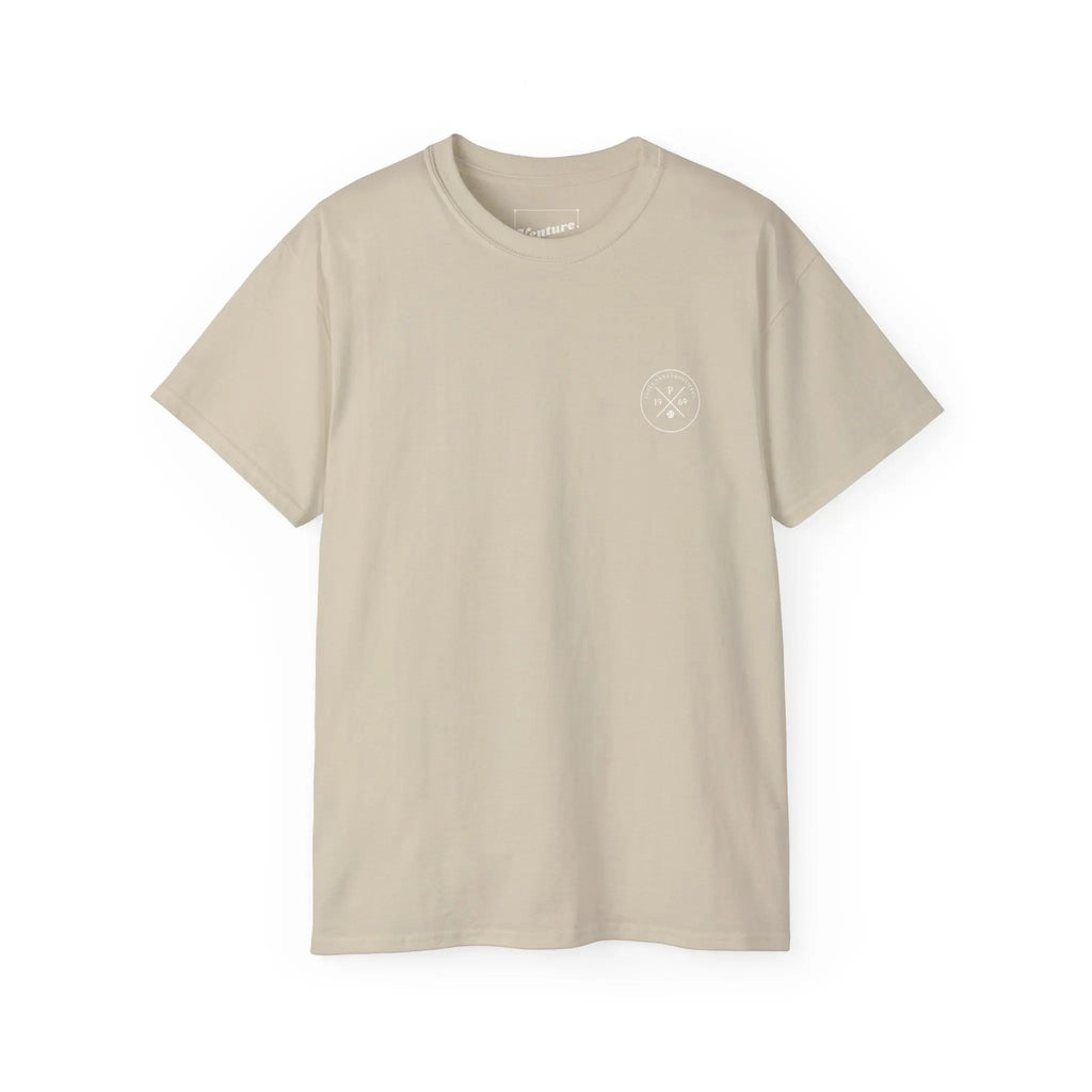 PSF Collective Limited Edition "Human Being" Tee by Printify in beige features short sleeves and a small, circular white logo on the upper left chest. Displayed on a plain white background. Designed for the Unwind