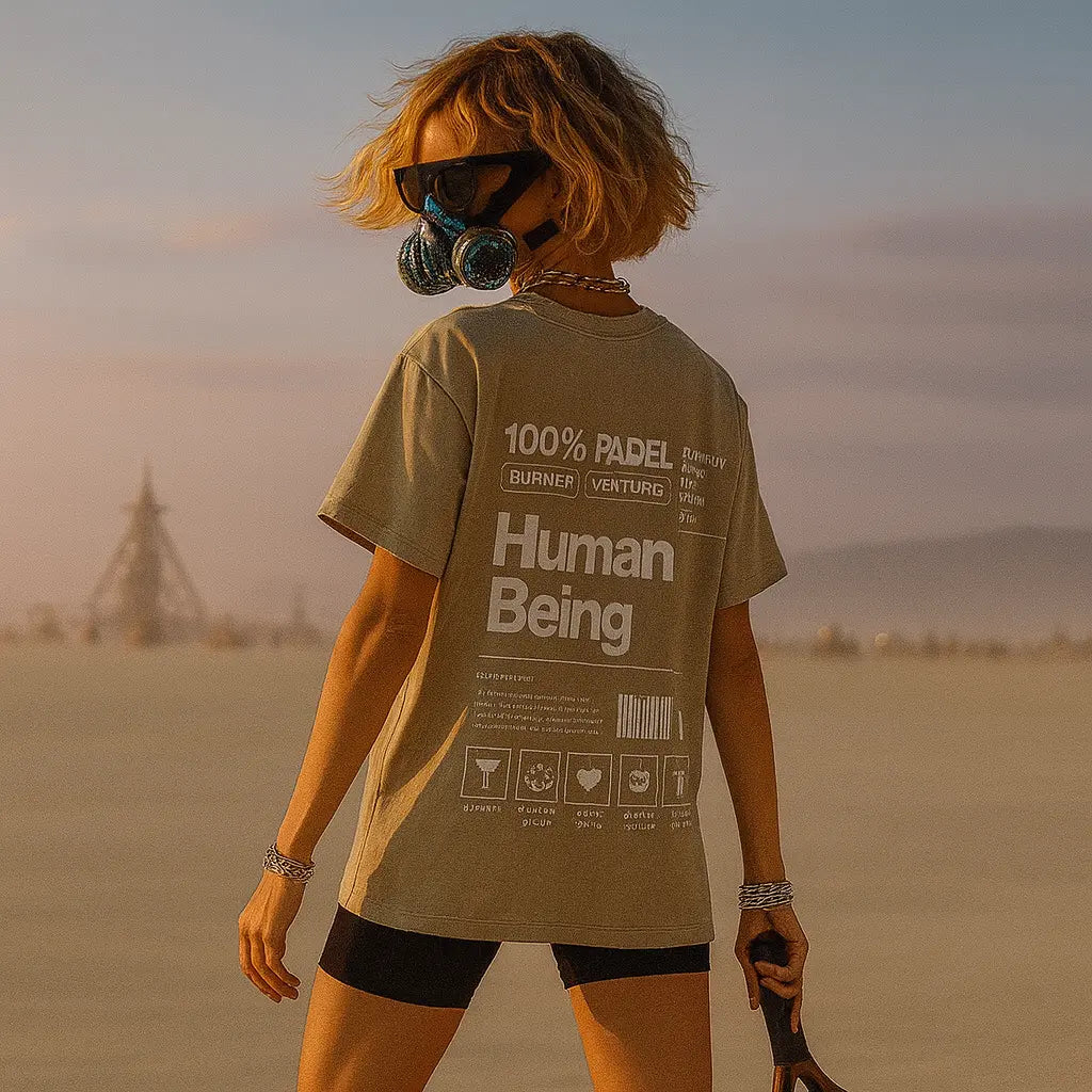 PSF Collective Outdoors on a sandy plain, a person in a gas mask and sunglasses wears the Limited Edition "Human Being" Tee by Printify. The hazy sky reveals distant art installations in the background. Designed for the Unwind