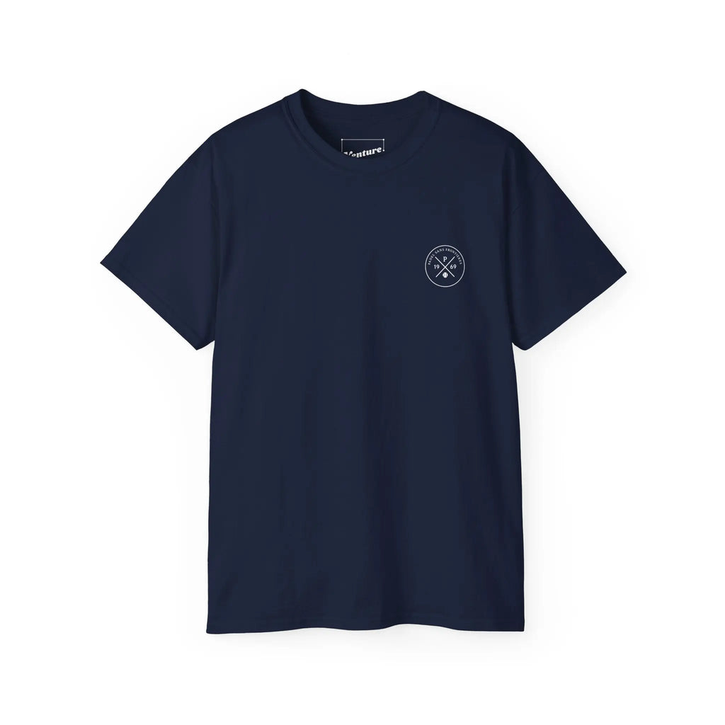 PSF Collective The Limited Edition "Human Being" Tee by Printify is a navy blue shirt with a small white circular logo of crossed lines and simple shapes on the left chest, inspired by Burning Man t-shirt styles and photographed flat on a white background. Designed for the Unwind