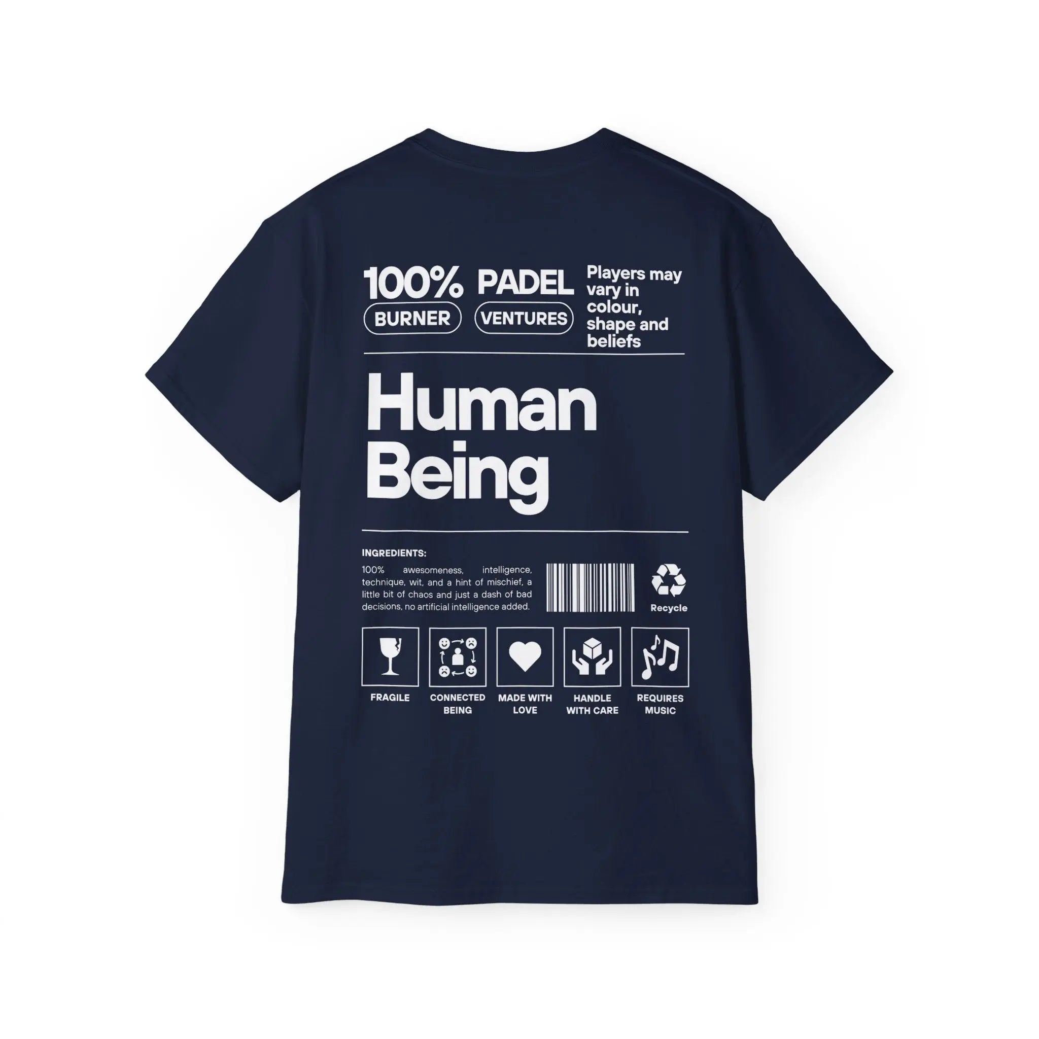 PSF Collective The Limited Edition "Human Being" Tee by Printify is a navy blue shirt with a playful label design on the back, featuring bold text, icons like a barcode and recycling symbol, plus humorous ingredient and care instructions. Designed for the Unwind