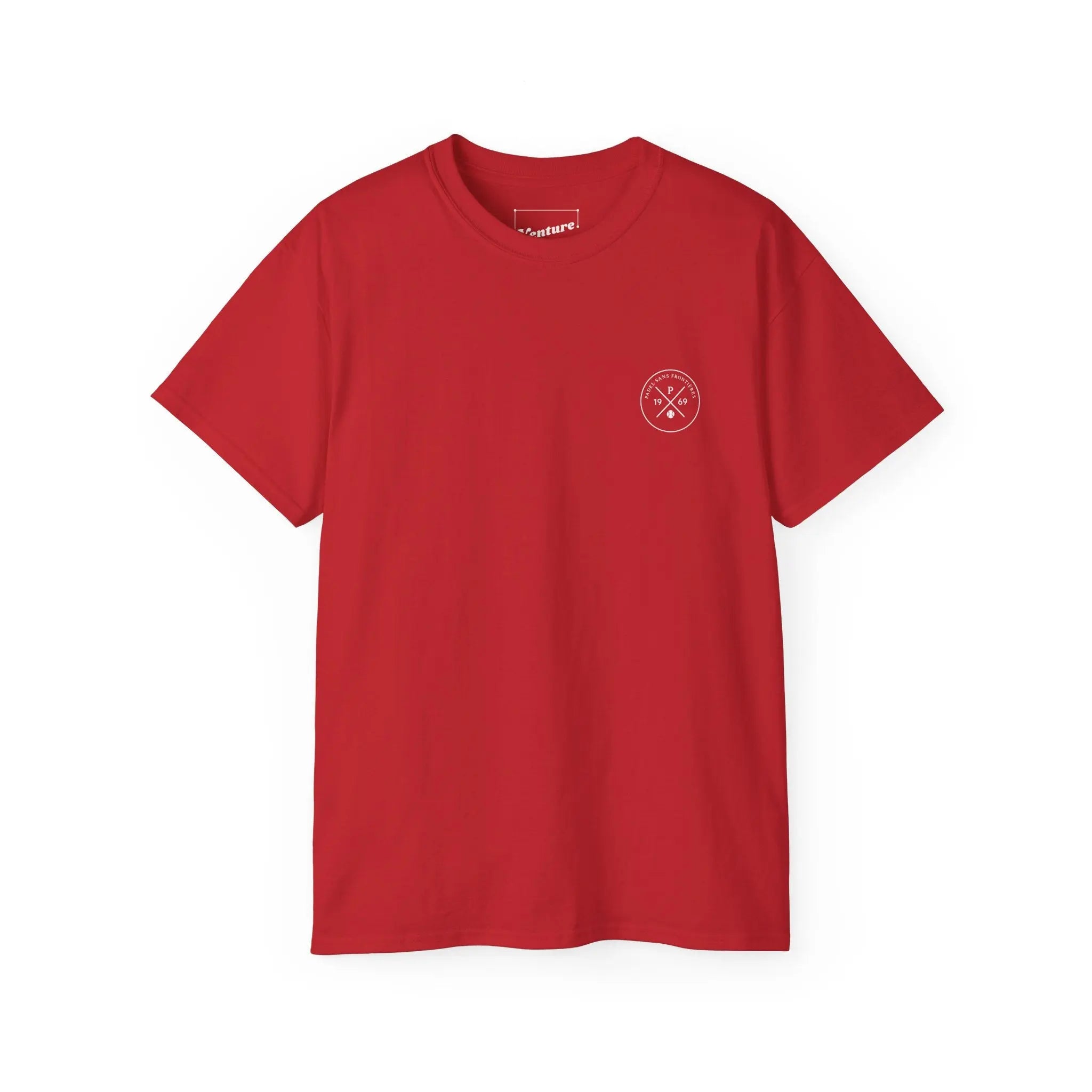 PSF Collective The Limited Edition "Human Being" Tee by Printify is a plain red short-sleeve shirt with a small white circular emblem on the left chest, shown on a white background. Designed for the Unwind
