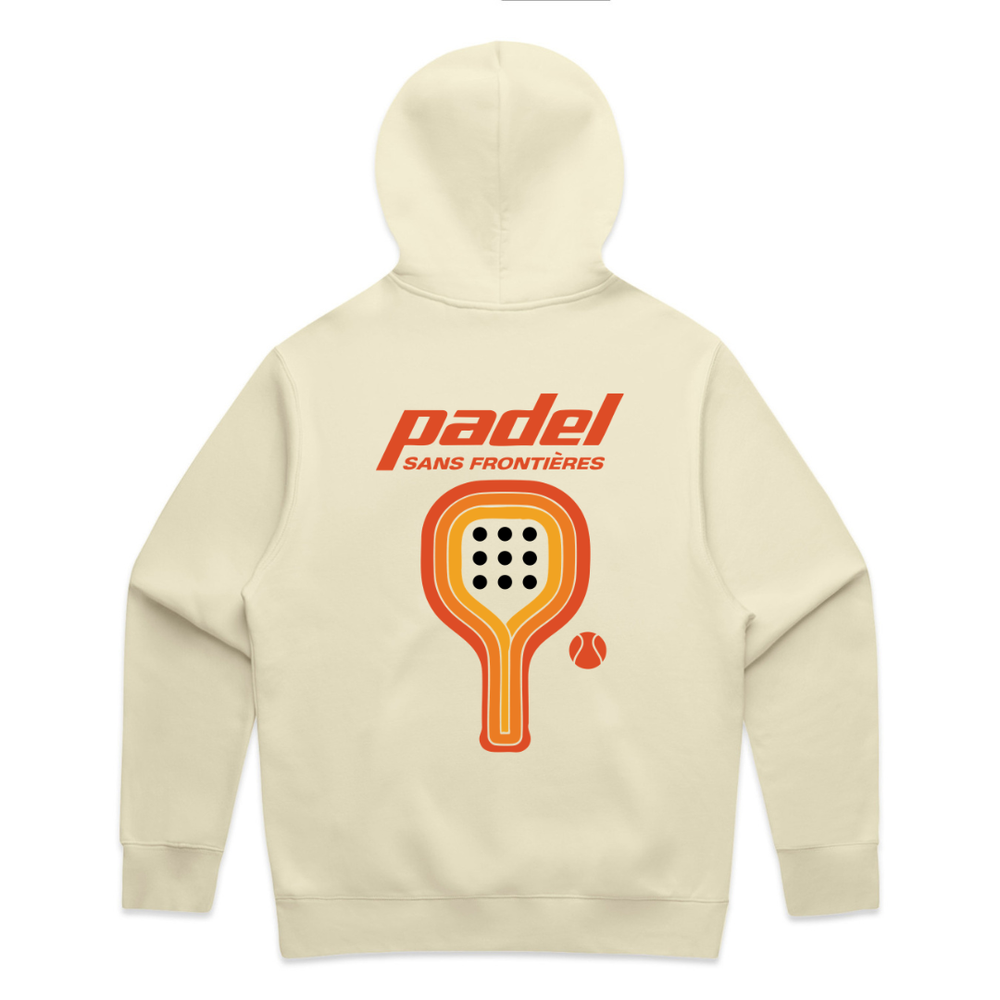PSF Collective The Retro Padel Mens Hoodie in cream features bold red "padel sans frontières" text above a large yellow-orange padel racket and small red-orange ball graphic, with the Psf logo design centered on the upper back. Designed for the Unwind