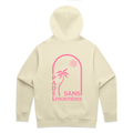 PSF Collective The Summer Arch in Pink Ladies Hoodie features a cream color, back design with pink palm tree, sun, and “PADEL SANS FRONTIÈRES” text in a rounded rectangle—ideal for women wanting cozy comfort and standout summer style. Designed for the Unwind