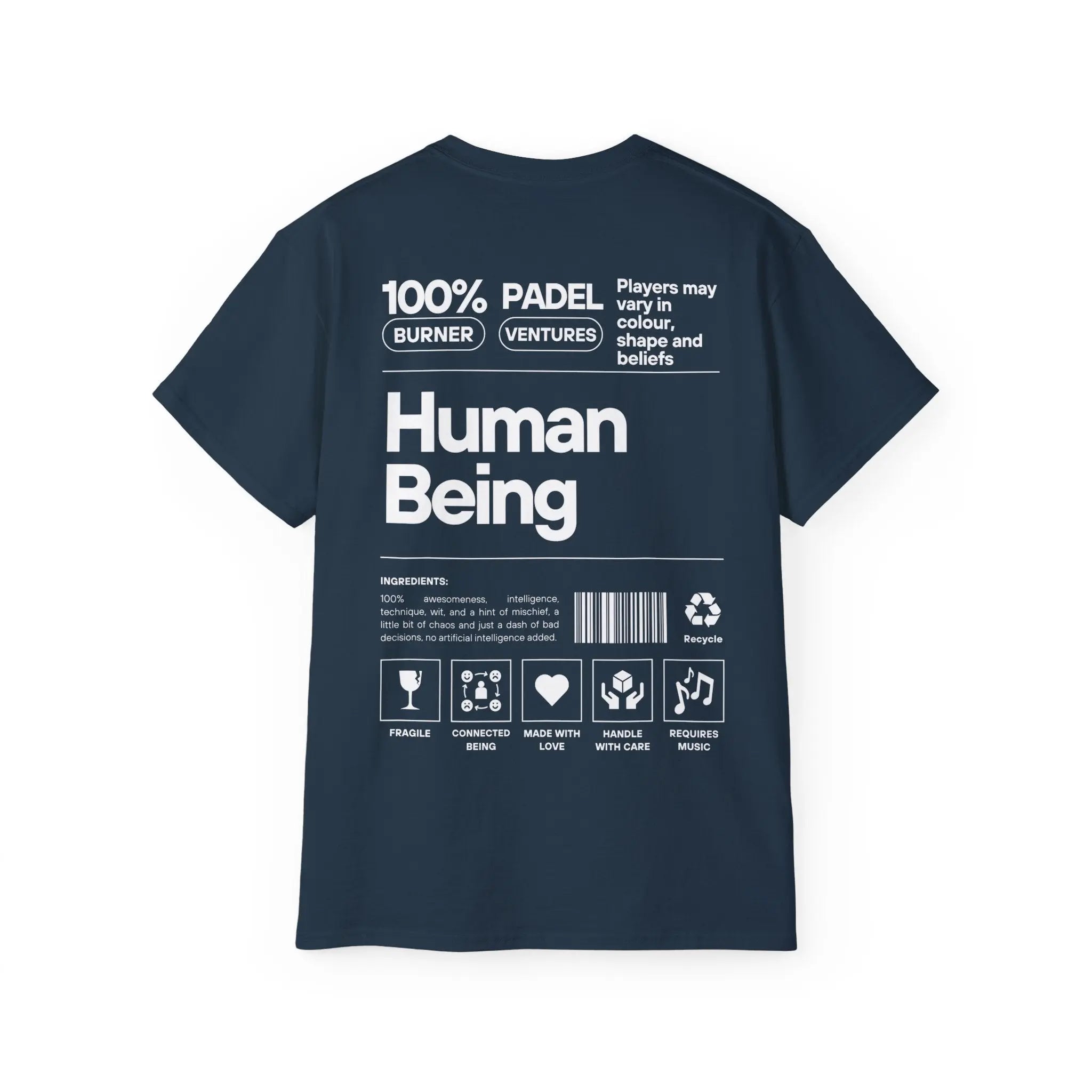 PSF Collective The Limited Edition "Human Being" Tee by Printify features bold white text in a playful nutrition label style with Padel in the Dust, human traits, and care icons. Perfect for Patty Camps at Burning Man!. Designed for the Unwind