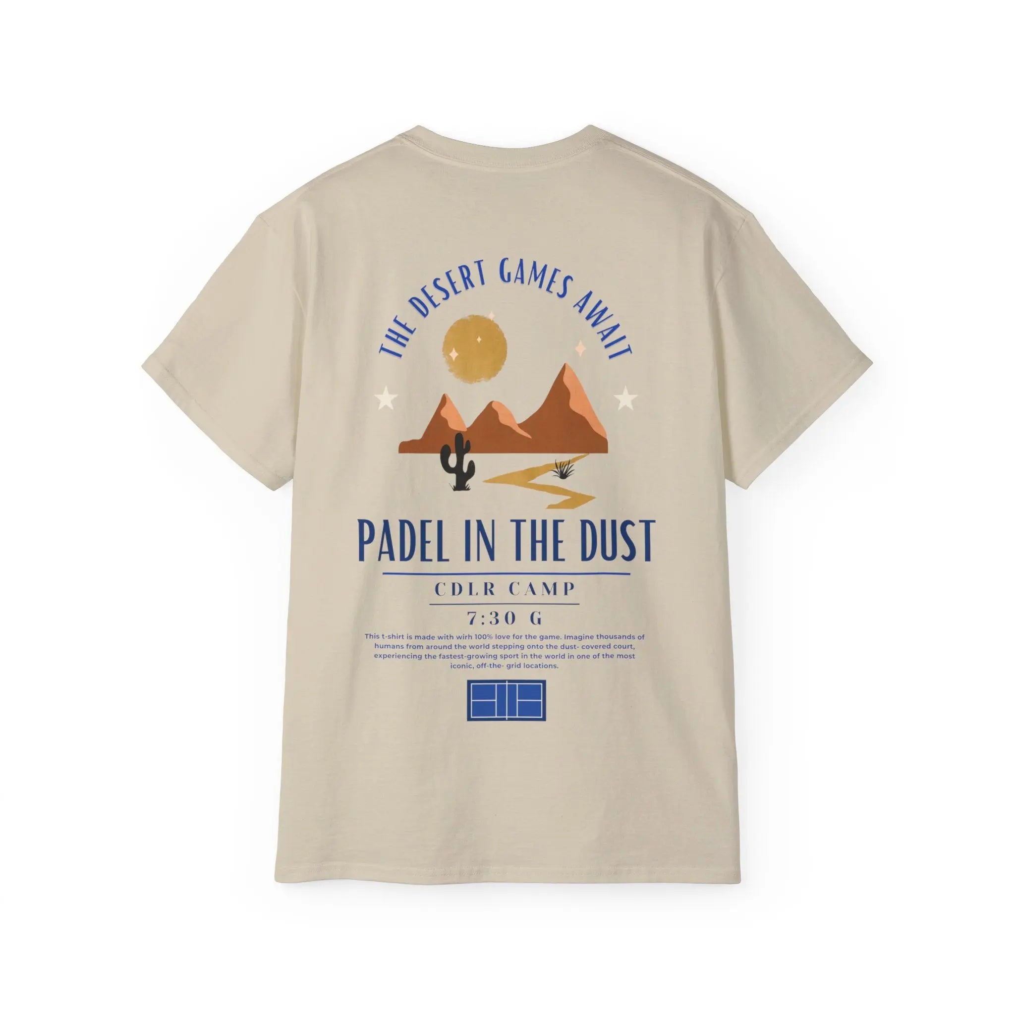 PSF Collective The Limited Edition - Padel in the Dust Tee by Printify features a mountain, cactus, and sun graphic with “The Desert Games Await” and “CDLR Camp”—great for padel at Patty Camps or as a unique Burning Man shirt. Designed for the Unwind