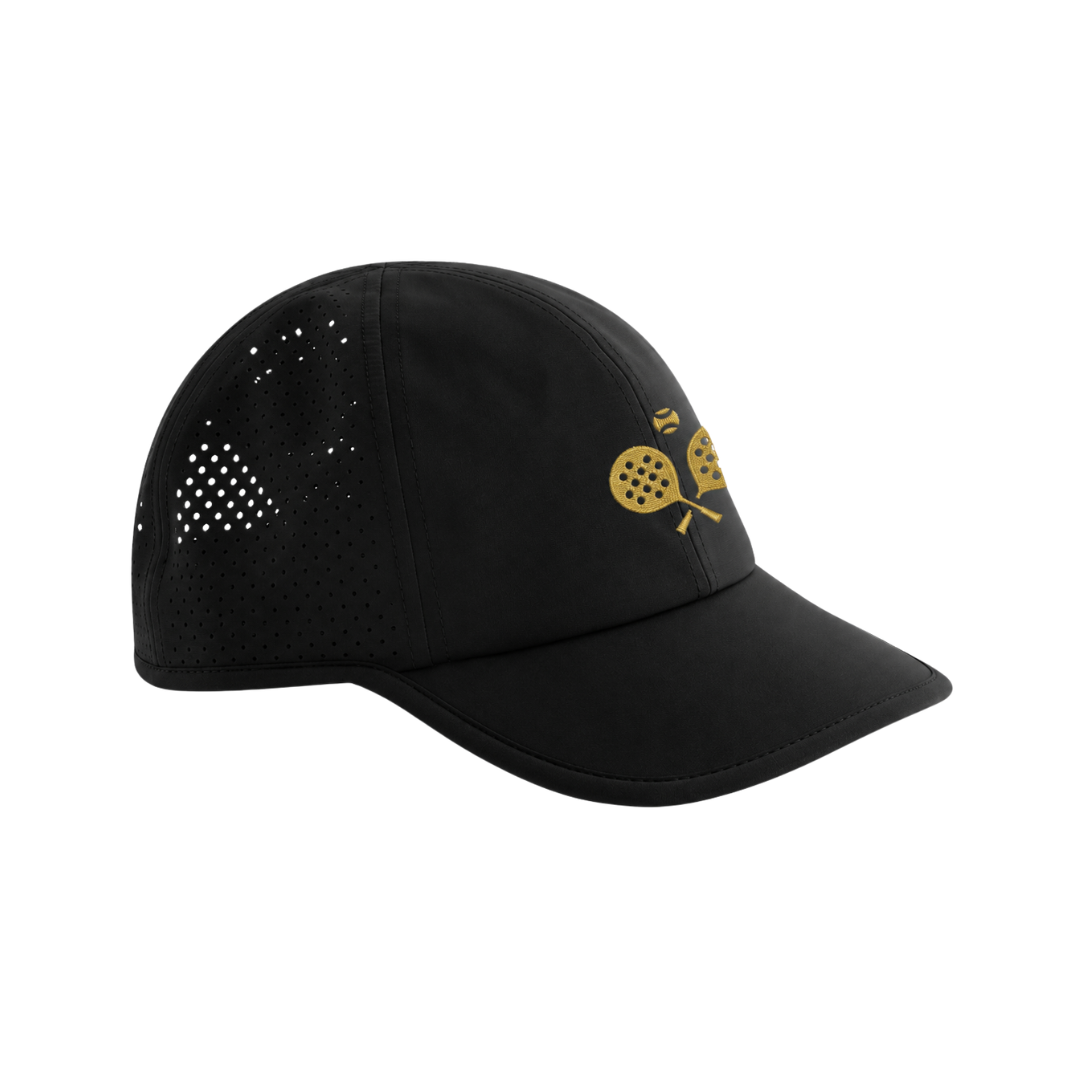 PSF Collective The black PSF Structured On Court Active Cap features a gold embroidered icon of two crossed padel rackets and a ball on the front, with laser-cut ventilation holes on the side panels. Designed for the Unwind