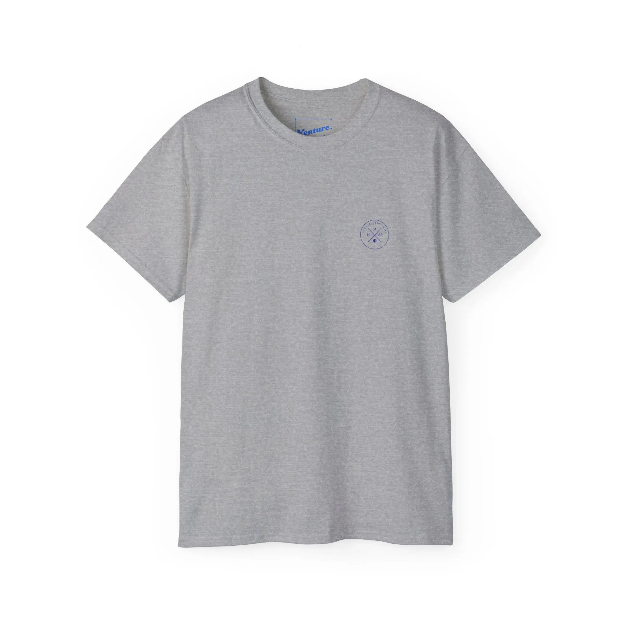 PSF Collective The Printify Limited Edition - Padel in the Dust Tee is a light gray short-sleeve shirt featuring a small circular blue logo on the left chest, shown on a white background. Designed for the Unwind