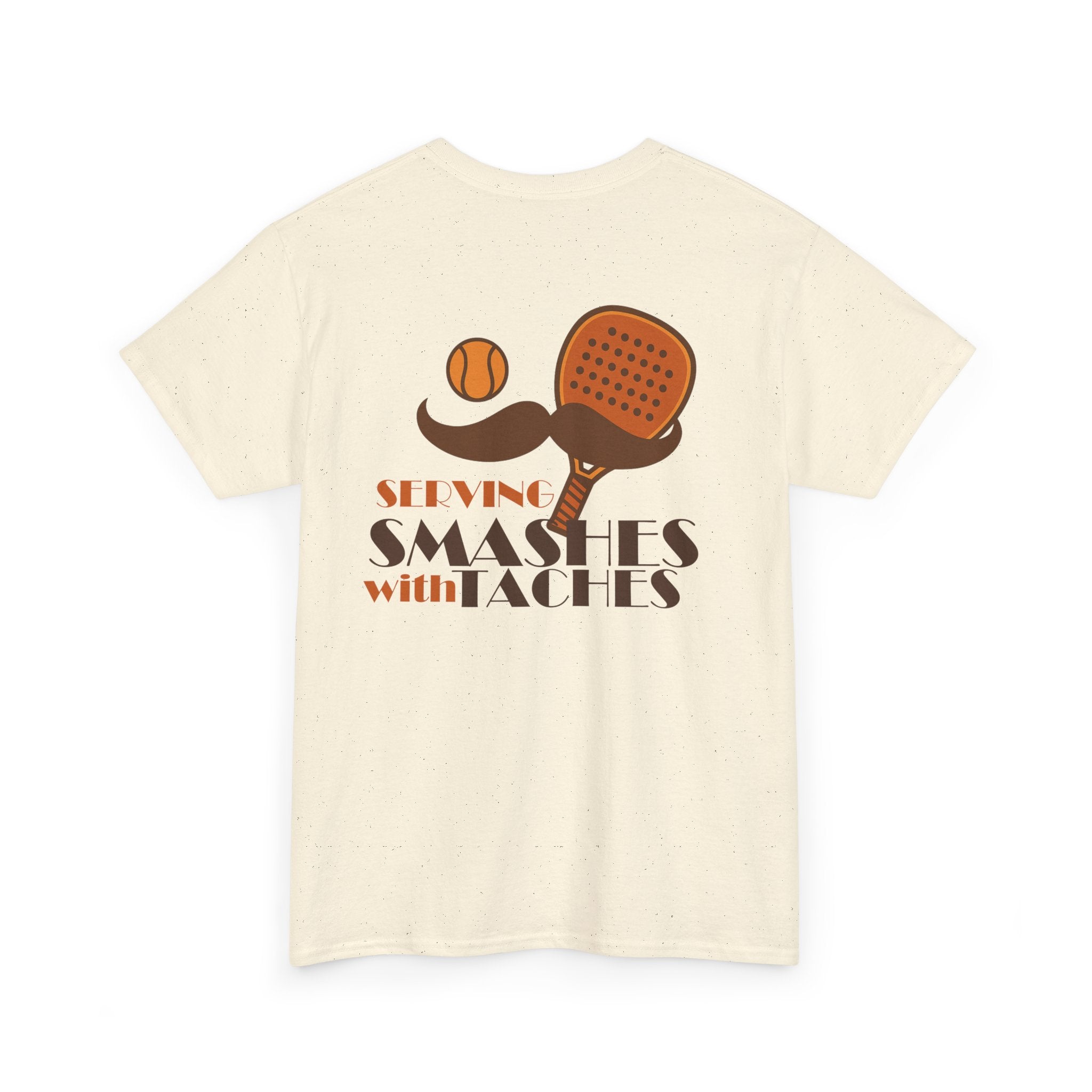 PSF Collective The Movember Serving Smashes with Taches Tee is a cream cotton shirt featuring a graphic of a brown paddle, orange ball, and large mustache, plus bold “SERVING SMASHES with TACHES” text that celebrates sports and men’s health awareness. Designed for the Unwind
