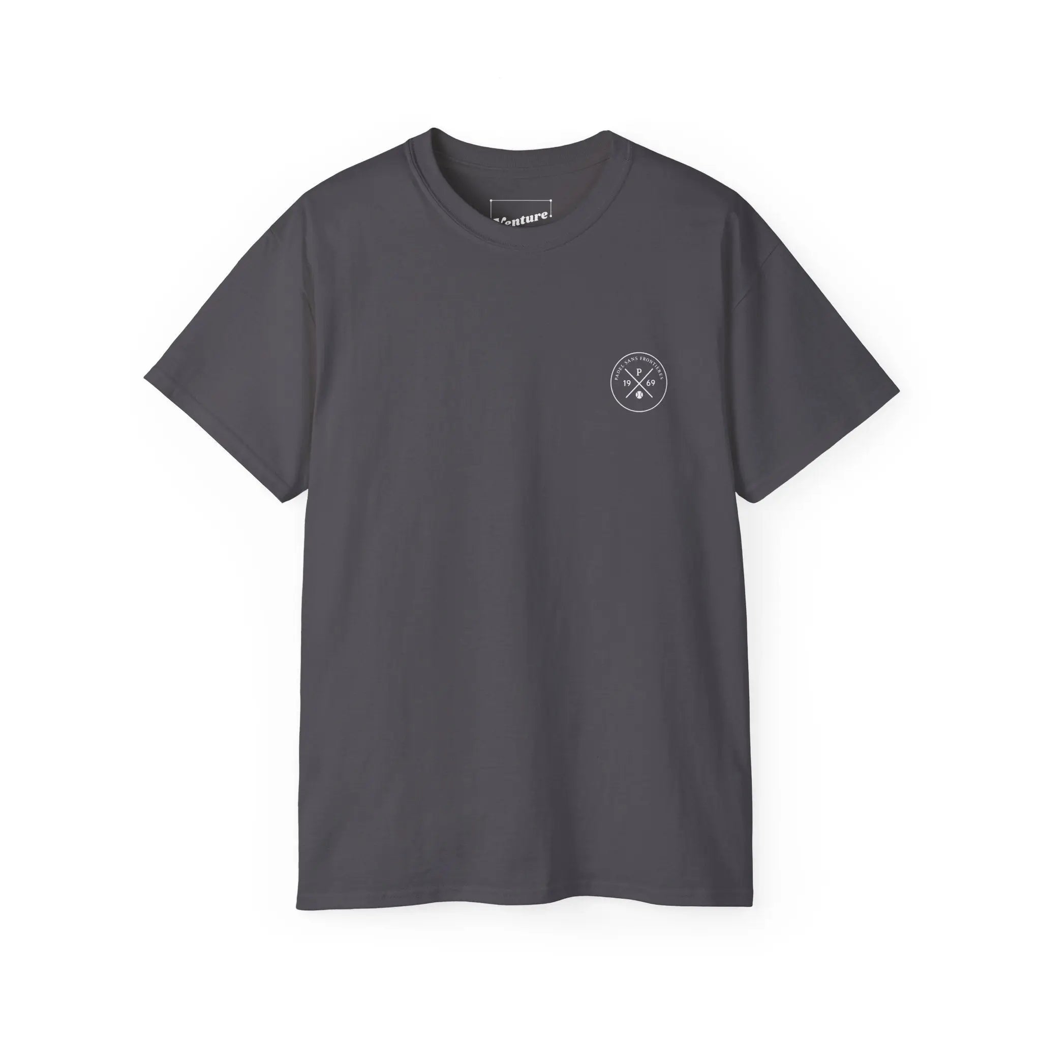 PSF Collective The Limited Edition "Human Being" Tee by Printify is a plain dark gray short-sleeve shirt with a small white circular logo on the left chest, shown on a white background. Designed for the Unwind
