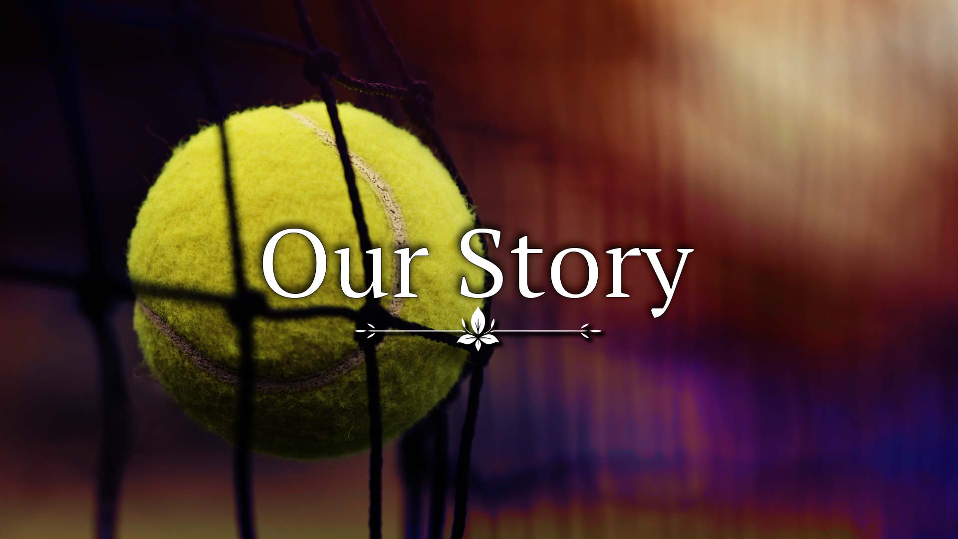 PSF Collective Apres Padel wear. Tennis ball on a net with 'Our Story' text against a blurred background