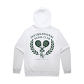 PSF Collective The International Crest Hoodie in white is shown from the back, displaying a green laurel wreath with two crossed padel rackets at the center. The text “INTERNATIONAL PADEL CLUB” appears above, with “DSF” below and “MALLORCA · EST. 2024” at the bottom. This stylish hoodie is a must-have for padel enthusiasts. Designed for the Unwind