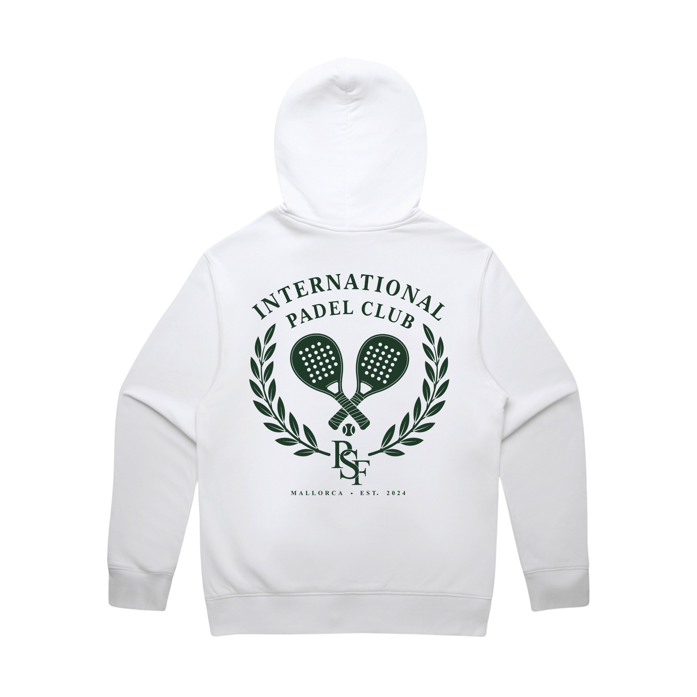 PSF Collective The International Crest Hoodie in white is shown from the back, displaying a green laurel wreath with two crossed padel rackets at the center. The text “INTERNATIONAL PADEL CLUB” appears above, with “DSF” below and “MALLORCA · EST. 2024” at the bottom. This stylish hoodie is a must-have for padel enthusiasts. Designed for the Unwind