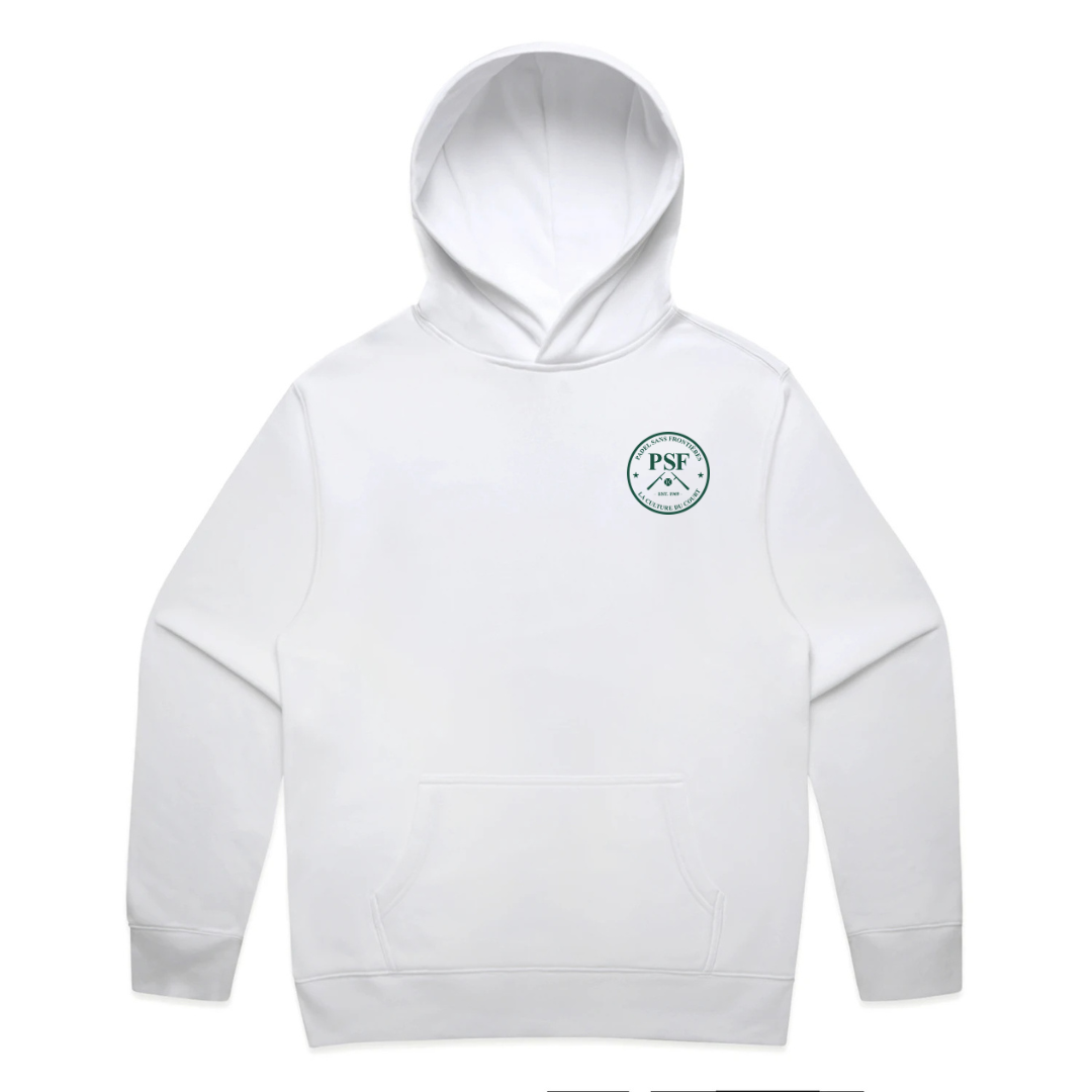 PSF Collective The International Crest Hoodie is a plain white, eco-friendly hoodie featuring a front pocket and a small green circular logo with “PSF” and three upward-pointing arrows underneath on the left chest. The hoodie has no other visible designs or patterns. Designed for the Unwind