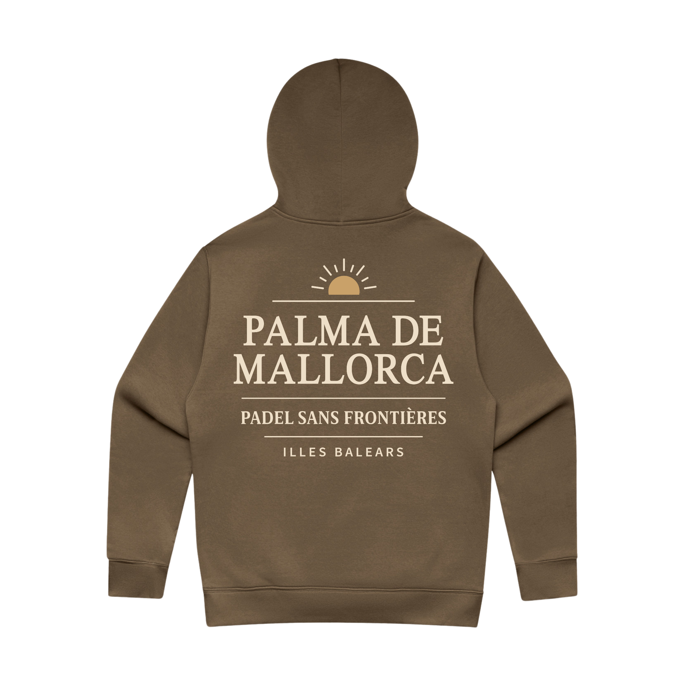 PSF Collective The King Palma Hoodie is a sustainable padel hoodie featuring a simple, centered back design with beige text that reads “PALMA DE MALLORCA,” a sun graphic, “PADEL SANS FRONTIÈRES,” and “ILLES BALEARS” underneath. Designed for the Unwind