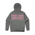 PSF Collective The Pink Ink International Padel Club Hoodie, shown in gray and made from eco-friendly materials, is displayed from the back with bold pink text reading “PADEL SANS FRONTIÈRES” and smaller pink text below stating “INTERNATIONAL PADEL CLUB.” The minimalist design features no extra graphics. Designed for the Unwind