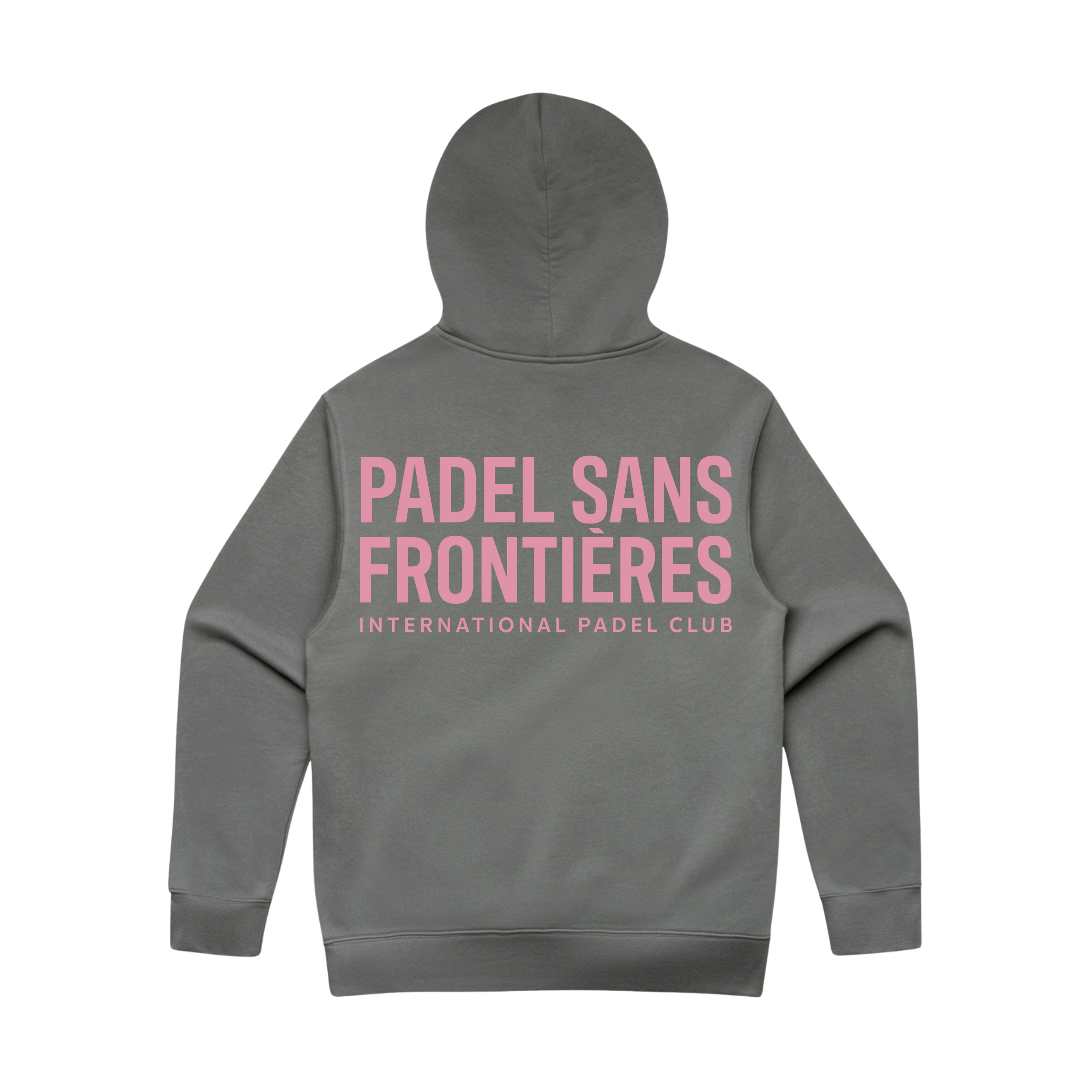 PSF Collective The Pink Ink International Padel Club Hoodie, shown in gray and made from eco-friendly materials, is displayed from the back with bold pink text reading “PADEL SANS FRONTIÈRES” and smaller pink text below stating “INTERNATIONAL PADEL CLUB.” The minimalist design features no extra graphics. Designed for the Unwind