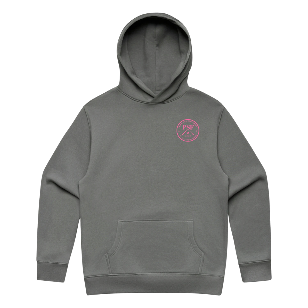 PSF Collective Introducing the Pink Ink International Padel Club Hoodie: an eco-friendly plain gray hoodie featuring a front kangaroo pocket. The left chest displays a small pink circular logo with the letters “PSF” and two crossed lines beneath, all in pink. The hoodie is shown laid flat on a white background. Designed for the Unwind