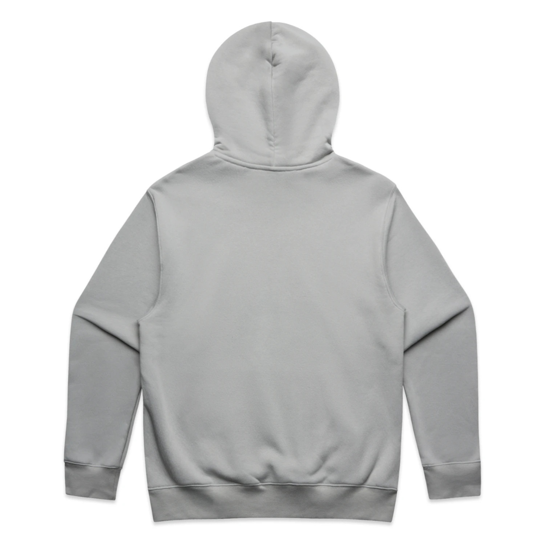 PSF Collective The Varsity Hoodie is displayed from the back in a plain light gray color. It features long sleeves, ribbed cuffs and hem, and no visible logos, designs, or text. The hood is up, and the fabric looks soft and smooth. Designed for the Unwind