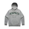 PSF Collective A light gray Varsity Hoodie with a front pocket, featuring green block letters across the chest that spell ACAPULCO. Below this, smaller text reads: PADEL CLUB EST. 1969 MEXICO. The hoodie is laid flat on a white background, blending timeless design with sustainable sportswear style. Designed for the Unwind