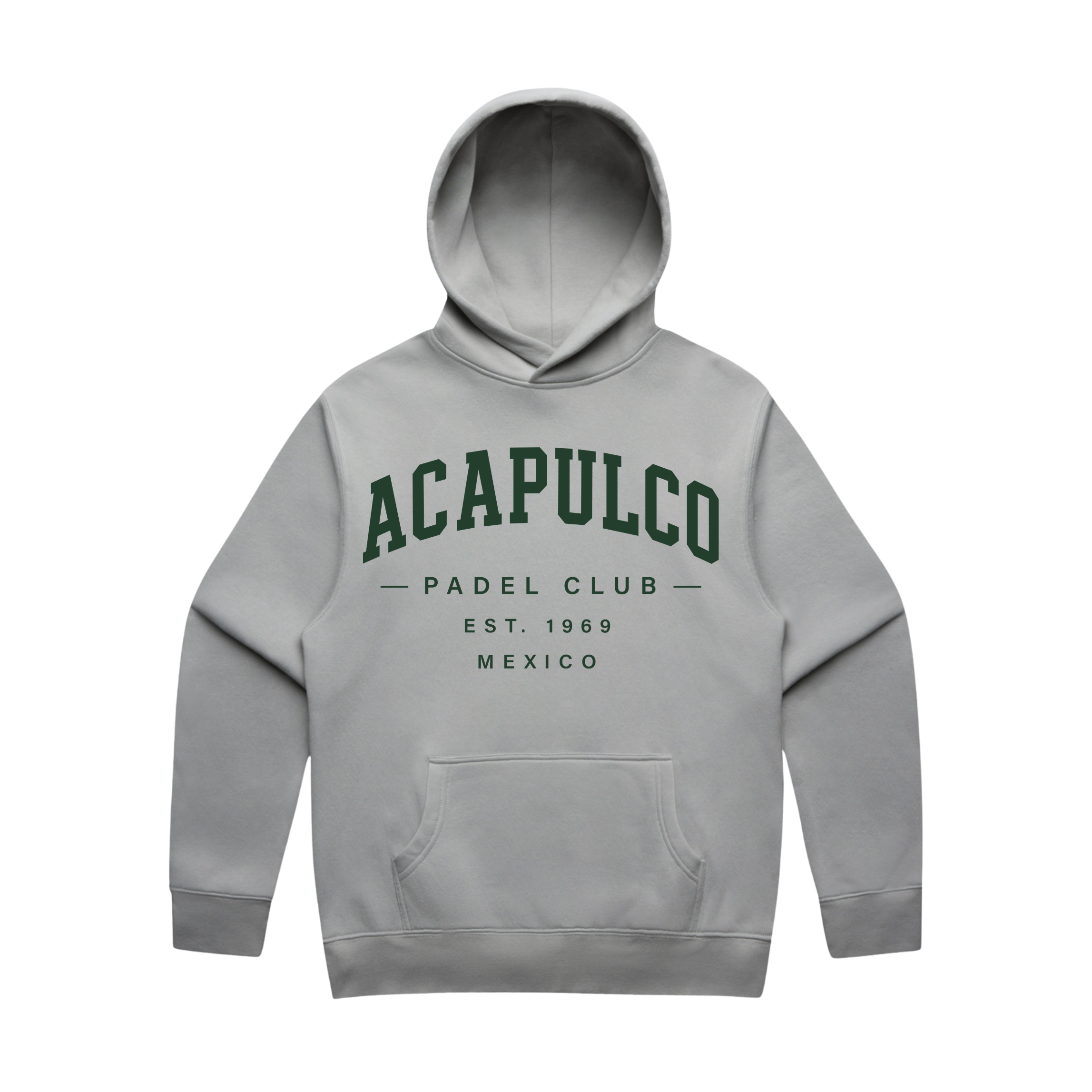 PSF Collective A light gray Varsity Hoodie with a front pocket, featuring green block letters across the chest that spell ACAPULCO. Below this, smaller text reads: PADEL CLUB EST. 1969 MEXICO. The hoodie is laid flat on a white background, blending timeless design with sustainable sportswear style. Designed for the Unwind