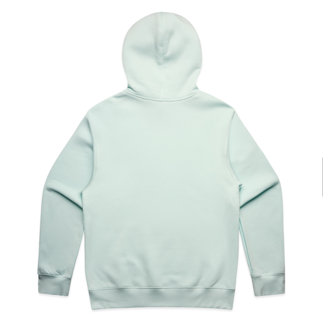 PSF Collective A plain, light blue Pas De Cordes “NO STRINGS” Hoodie is displayed from the back. The hood is up, the sleeves are long, and there are no visible logos, patterns, or pockets. Made from eco-friendly material, it appears soft and slightly thick. Designed for the Unwind