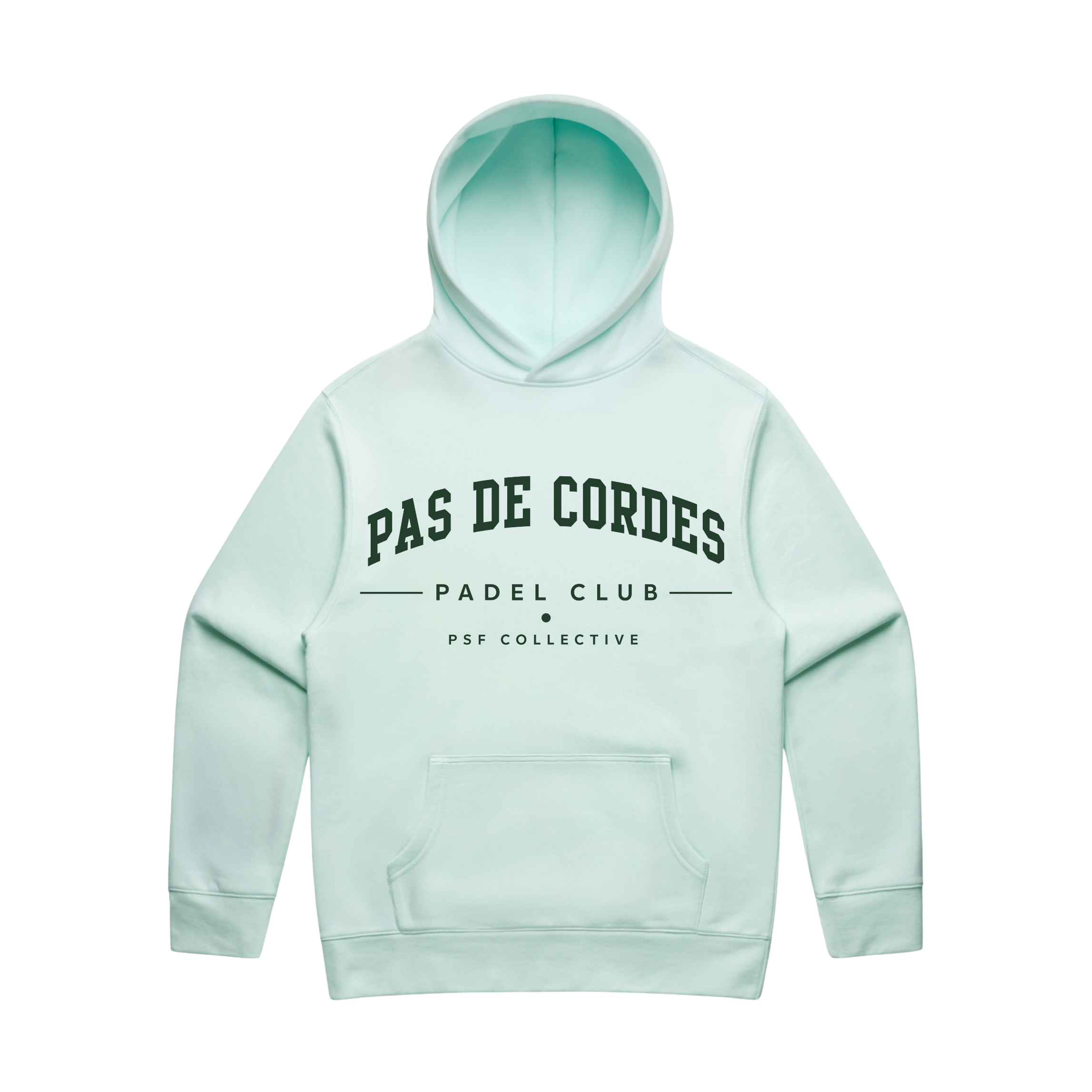 PSF Collective A light mint green, eco-friendly Pas De Cordes “NO STRINGS” Hoodie with a front pocket and hood. “PAS DE CORDES” is printed in bold black letters across the chest, with “PADEL CLUB” and “PSF COLLECTIVE” in smaller black text below. The hoodie is displayed on a white background. Designed for the Unwind