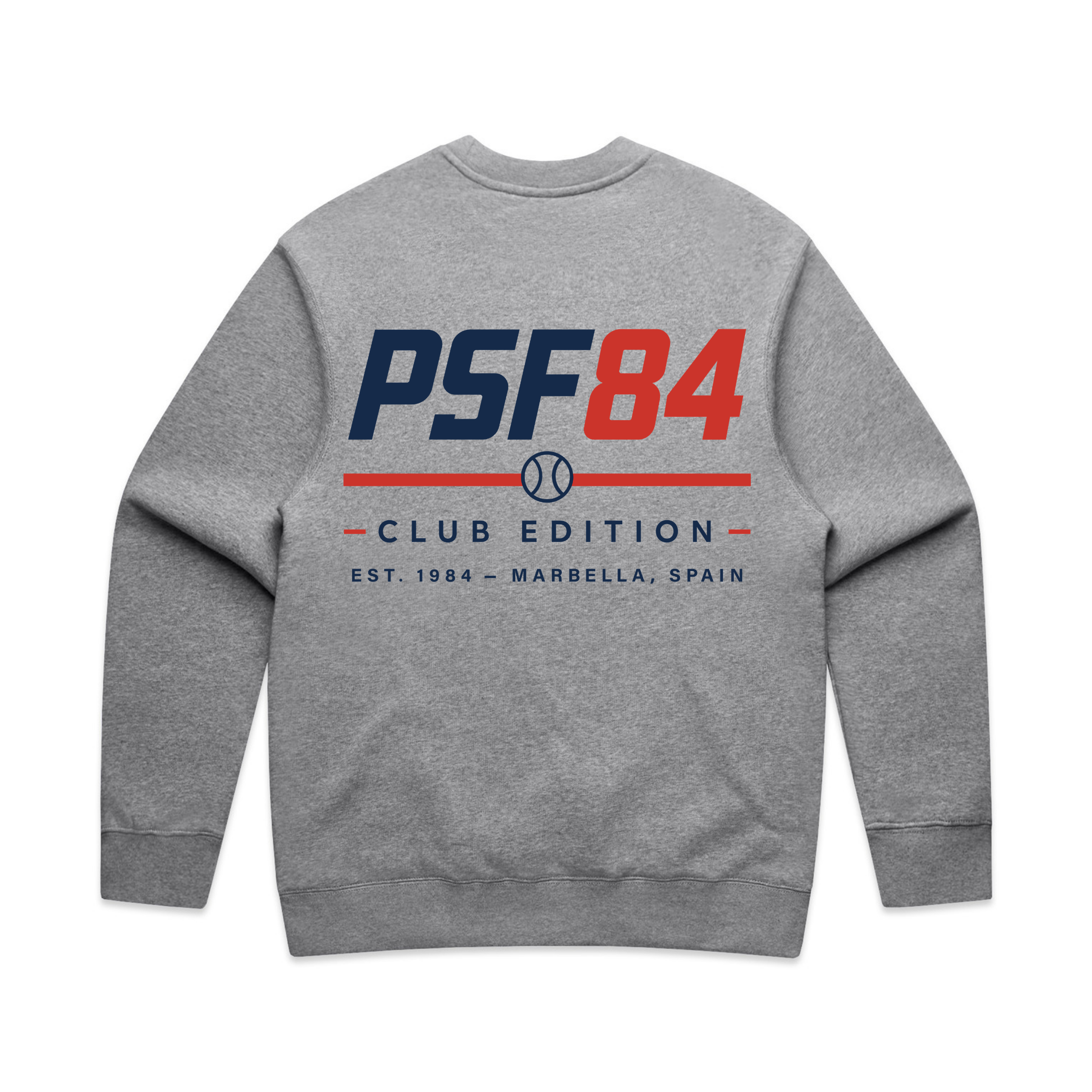 PSF Collective A gray Padel ’84 Sweatshirt featuring large blue and red “PSF84” lettering on the back above a small tennis ball icon, with “CLUB EDITION” and “EST. 1984 – MARBELLA, SPAIN” in blue below, separated by two red lines for a classic vintage sportswear look. Designed for the Unwind