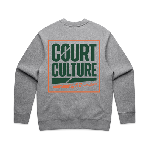 PSF Collective A unisex Court Culture by PSF Sweatshirt in gray is laid flat. The back displays a large square graphic with an orange border, green background, and bold white “COURT CULTURE” text. Below that, “by PSF collective” appears in cursive script. Distinct details like a white slash and green stripes add a stylish and unique touch to this court-inspired sweatshirt. Designed for the Unwind