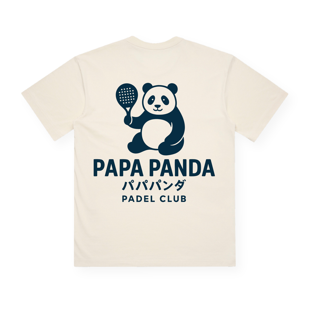 PSF Collective The Papa Panda Box Tee is a cream cotton unisex t-shirt featuring a cartoon panda holding a padel racket above the text “PAPA PANDA,” Japanese characters, and “PADEL CLUB,” all printed in navy blue on the back—making it a perfect addition to any padel shirt collection. Designed for the Unwind