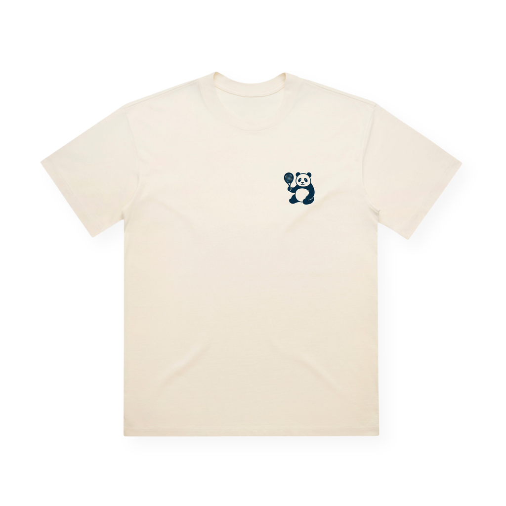PSF Collective Sure! Here’s a rewritten sentence using the product name from your data: The Papa Panda Box Tee is a cream-colored unisex cotton t-shirt featuring a small graphic of a black and white panda waving its left paw on the left chest, shown laid flat against a white background with no additional graphics or text. Designed for the Unwind