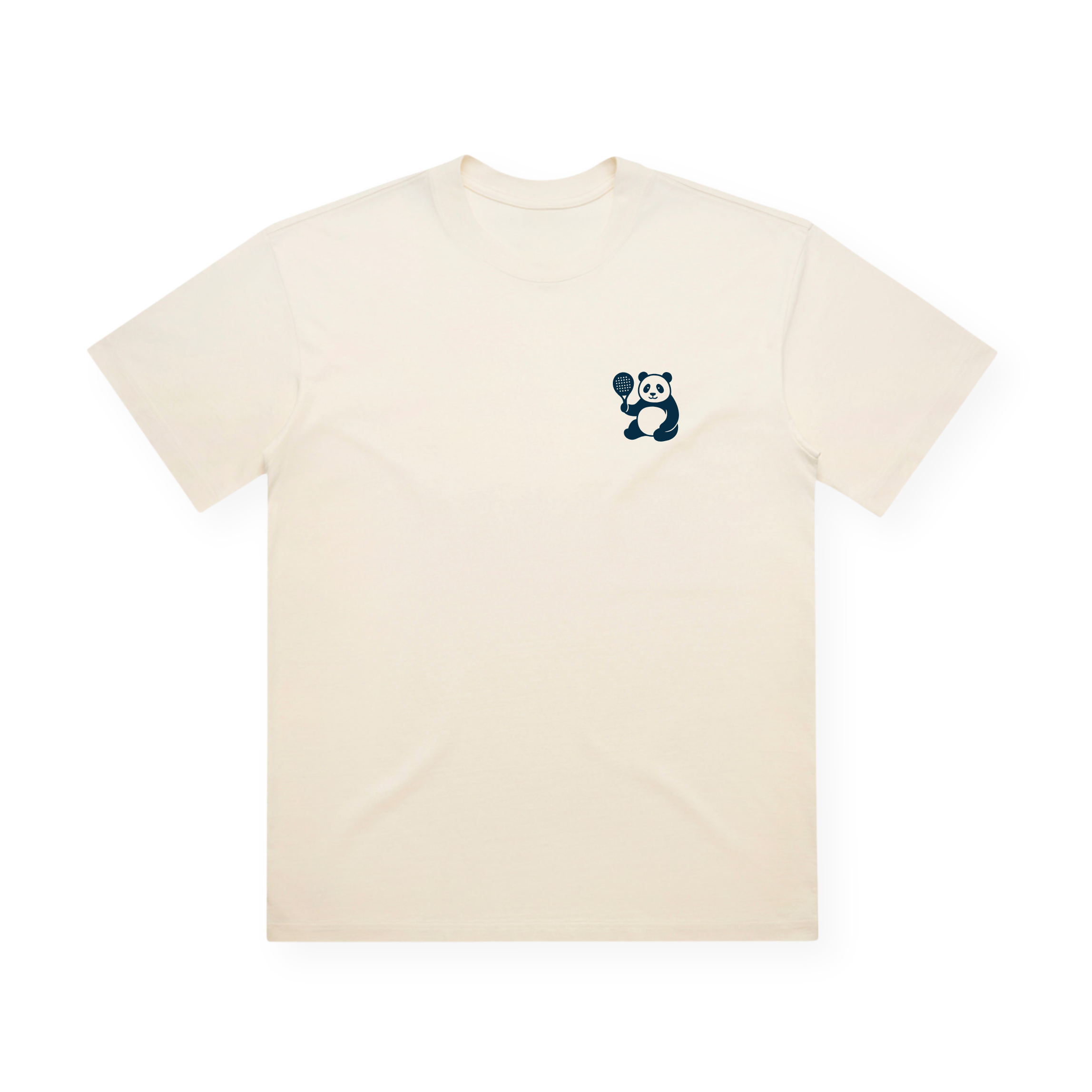 PSF Collective Sure! Here’s a rewritten sentence using the product name from your data: The Papa Panda Box Tee is a cream-colored unisex cotton t-shirt featuring a small graphic of a black and white panda waving its left paw on the left chest, shown laid flat against a white background with no additional graphics or text. Designed for the Unwind