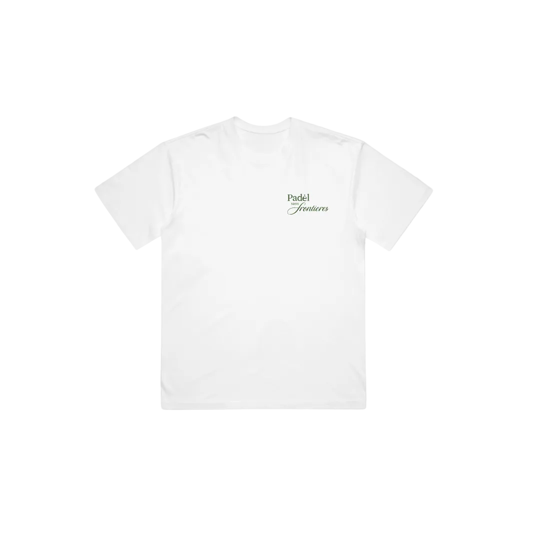 PSF Collective A Palm Springs Box Tee is laid flat on a light grey background. It features short sleeves, a classic crew neckline, and small black "Padel Junkies" text in a simple font on the left chest. Designed for the Unwind