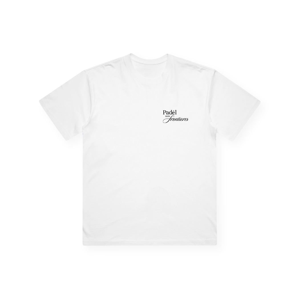 PSF Collective A Padel Club House Box Tee—featuring a simple white, short-sleeve cotton design—is displayed laid flat. “Padel Frontiers” appears in small black script on the left chest, set against a plain white background with no additional graphics or visible design elements. Designed for the Unwind