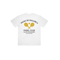 PSF Collective The Palma Box Tee is a white shirt with "Palma de Mallorca" above two crossed yellow padel rackets and a ball, plus "Padel Club Illes Balears 07009 España" centered beneath. The black logo design appears on the back against light gray. Designed for the Unwind