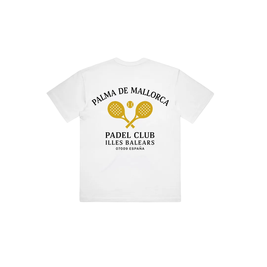 PSF Collective The Palma Box Tee is a white shirt with "Palma de Mallorca" above two crossed yellow padel rackets and a ball, plus "Padel Club Illes Balears 07009 España" centered beneath. The black logo design appears on the back against light gray. Designed for the Unwind