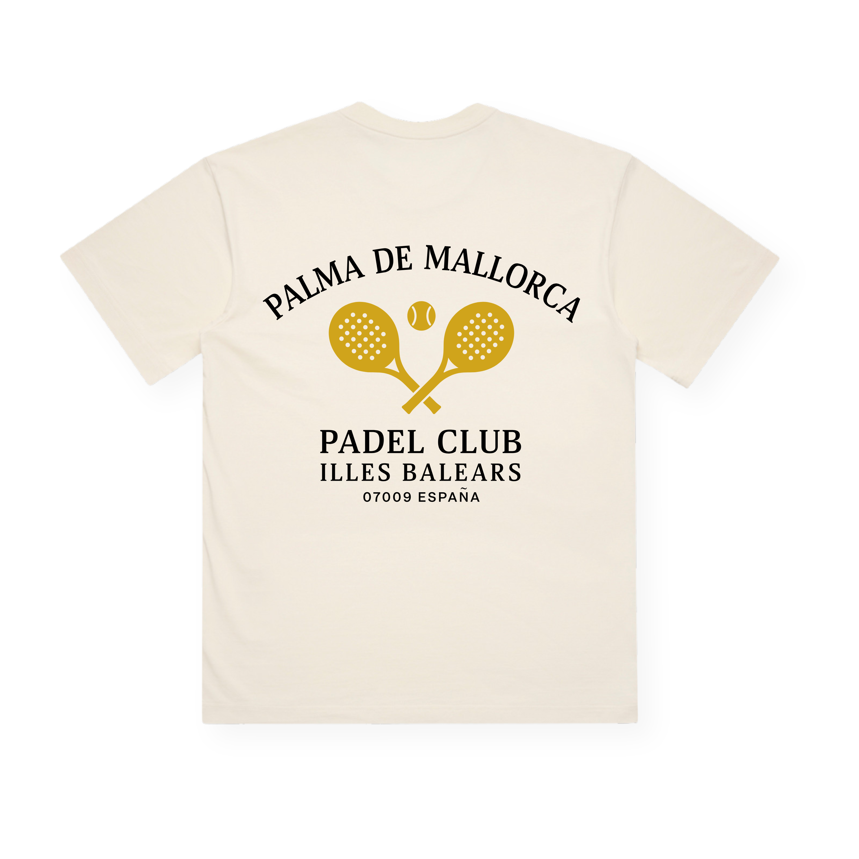 PSF Collective The Palma Box Tee features “Palma de Mallorca” text above two crossed yellow padel rackets with a ball, and “Padel Club Illes Balears 07009 España” in black below. The centered logo design is displayed on the back of the shirt. Designed for the Unwind