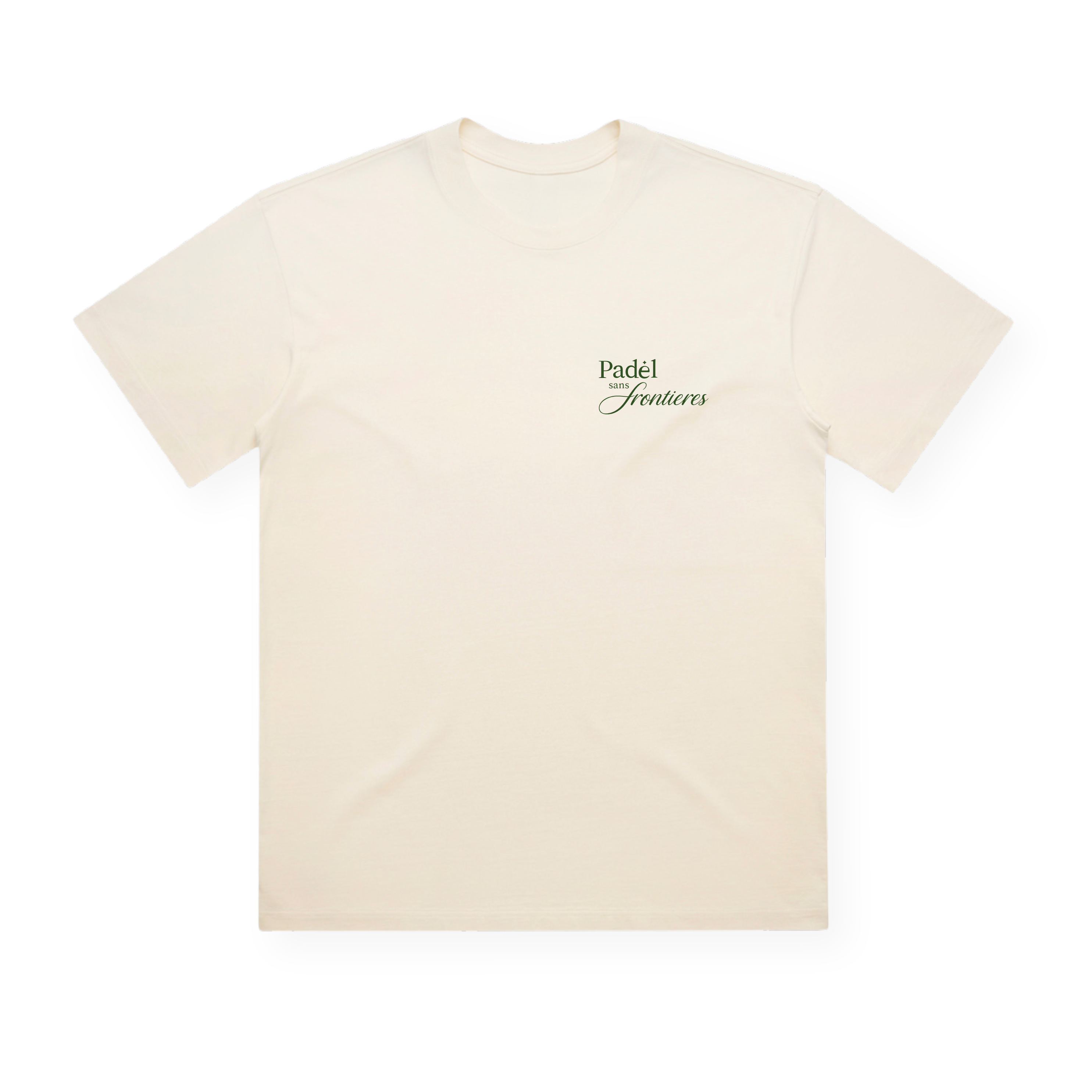 PSF Collective The Palma Box Tee is a plain cream-colored box-fit t-shirt shown laid flat. On the left chest, it features small black script reading “Padel Jinetairos,” a subtle nod to Palma de Mallorca style. Designed with a classic crew neck and short sleeves, the tee is free of any additional graphics or details. Designed for the Unwind