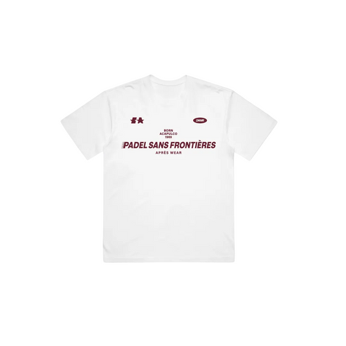 PSF Collective The Acapulco '69 Box Tee is a premium white t-shirt with maroon "PADEL SANS FRONTIÈRES APRÈS WEAR" text and small logos inspired by Padel Acapulco 1969, displayed on a plain light gray background. Designed for the Unwind