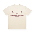 PSF Collective Introducing the Acapulco ’69 Box Tee: a cream-colored t-shirt featuring bold burgundy text reading “PADEL SANS FRONTIÈRES APRÈS WEAR” across the chest. Above the main print, you’ll find smaller logos and lettering, including a subtle reference to padel Acapulco 1969. Crafted as a premium quality tee, this shirt is displayed laid flat against a white background. Designed for the Unwind