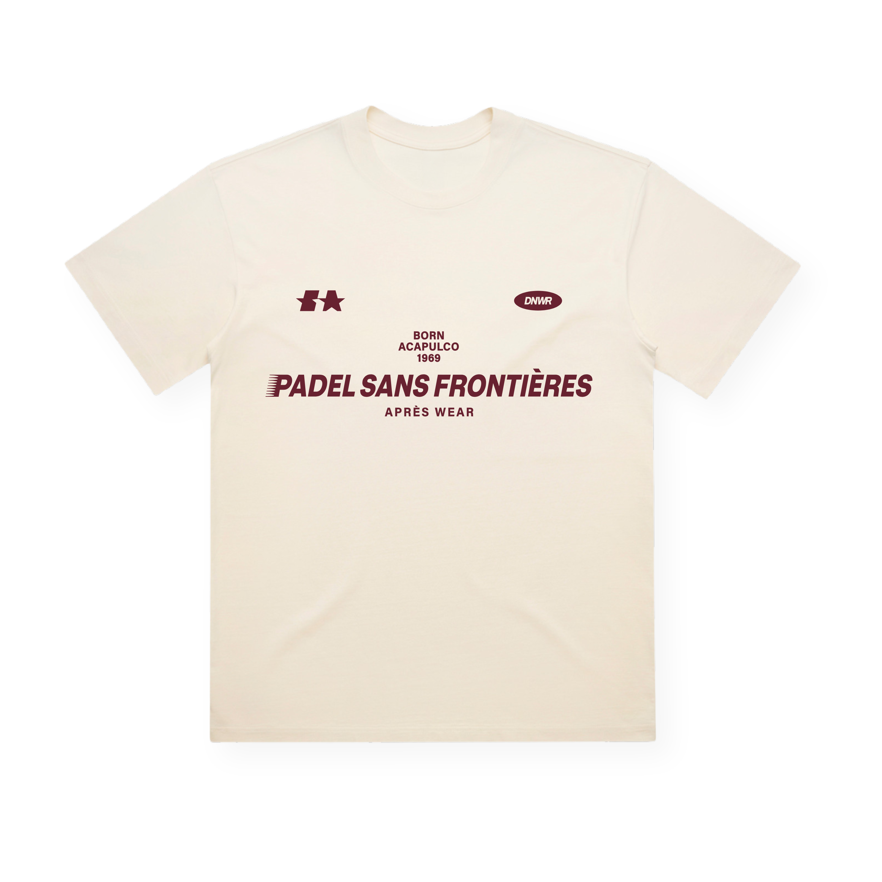 PSF Collective Introducing the Acapulco ’69 Box Tee: a cream-colored t-shirt featuring bold burgundy text reading “PADEL SANS FRONTIÈRES APRÈS WEAR” across the chest. Above the main print, you’ll find smaller logos and lettering, including a subtle reference to padel Acapulco 1969. Crafted as a premium quality tee, this shirt is displayed laid flat against a white background. Designed for the Unwind