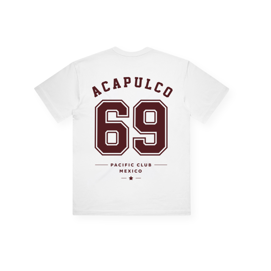 PSF Collective Introducing the Acapulco '69 Box Tee: a premium-quality, eco-friendly T-shirt featuring bold maroon "ACAPULCO" curved across the upper back, a large centered "69," and smaller text reading "PACIFIC CLUB MEXICO" with a small star below—all designed in a sporty style. This tee celebrates Padel Acapulco 1969 and combines elevated craftsmanship with sustainable materials. Designed for the Unwind