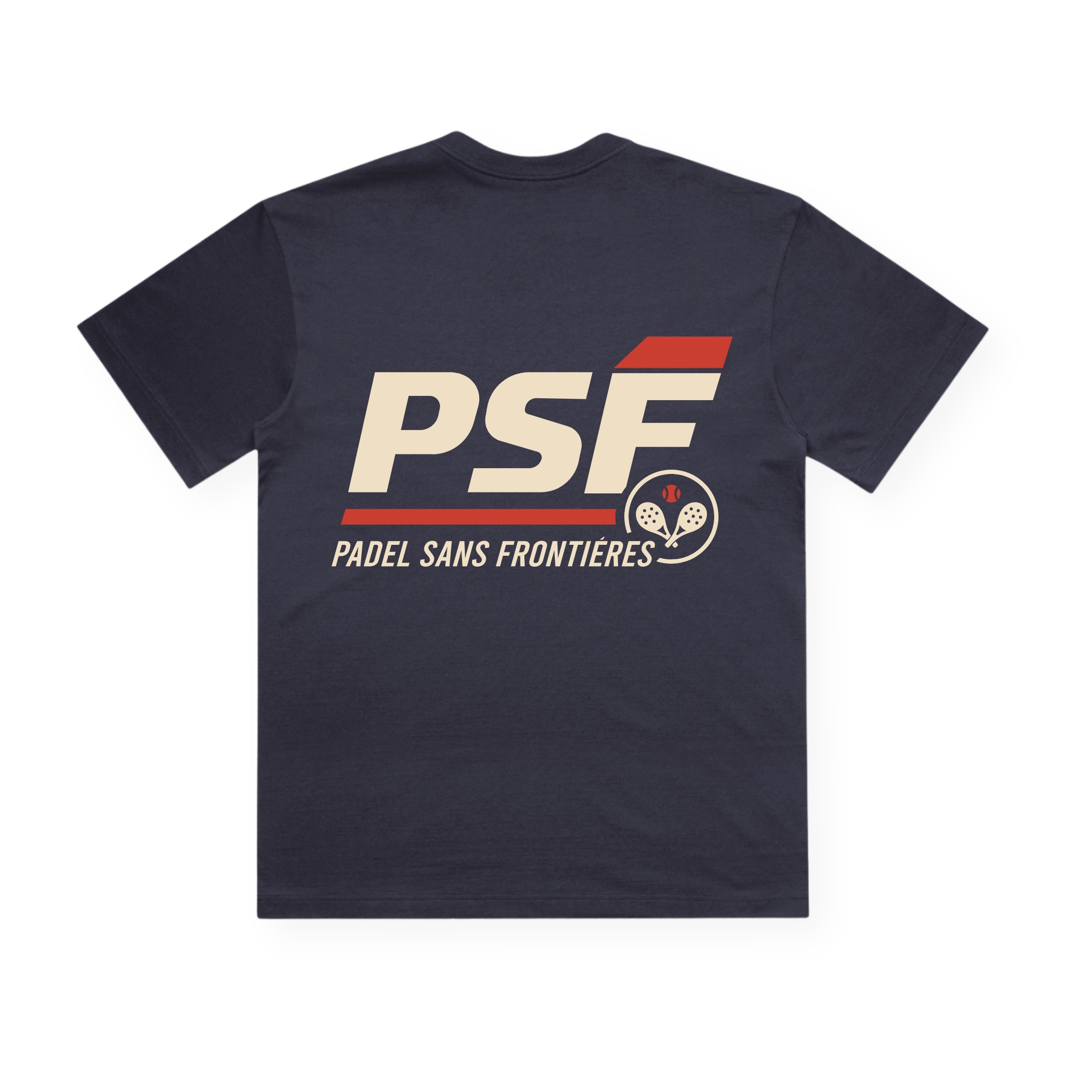 PSF Collective Hotline Box Tee in navy blue featuring large beige “PSF” lettering with a red stripe above the F. Below, beige text reads “PADEL SANS FRONTIÈRES” alongside a small tennis racket and ball graphic on the right. This retro-inspired tennis shirt design is centered on the back, evoking classic vintage court tee style. Designed for the Unwind
