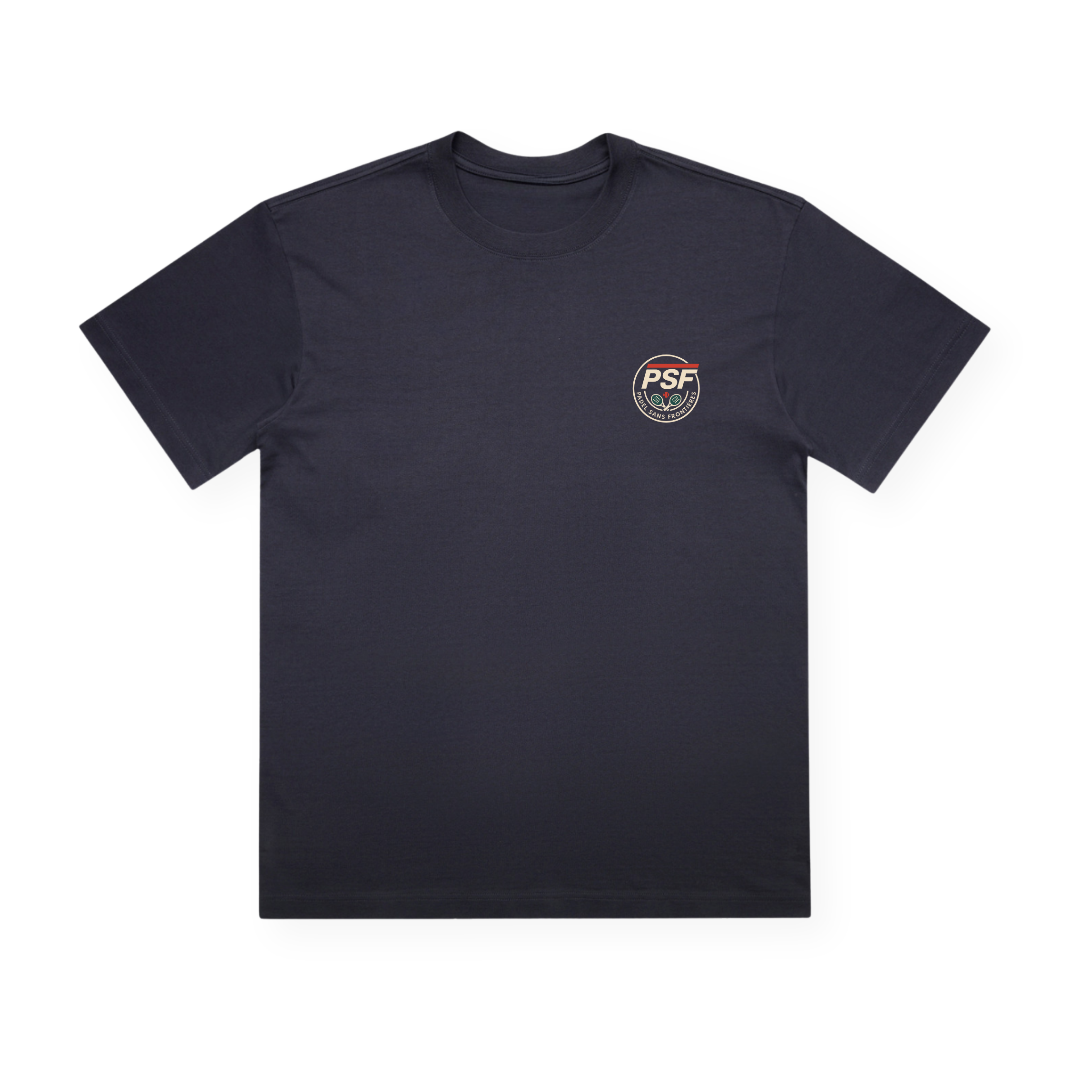 PSF Collective The Hotline Box Tee lays flat on a white background. The left chest area features a small circular patch with “PSF” in red letters above a curved white banner and a rainbow stripe, evoking the style of an ’80s tech graphics vintage court tee. This plain black shirt has short sleeves and a classic crew neckline. Designed for the Unwind