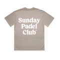 PSF Collective A Mushroom-colored Sunday Padel Club Box Tee is laid flat, viewed from the back. Bold white text in a playful font spells out Sunday Padel Club® centrally across the back, embodying the spirit of padel. The tee features no other visible graphics or embellishments. Designed for the Unwind