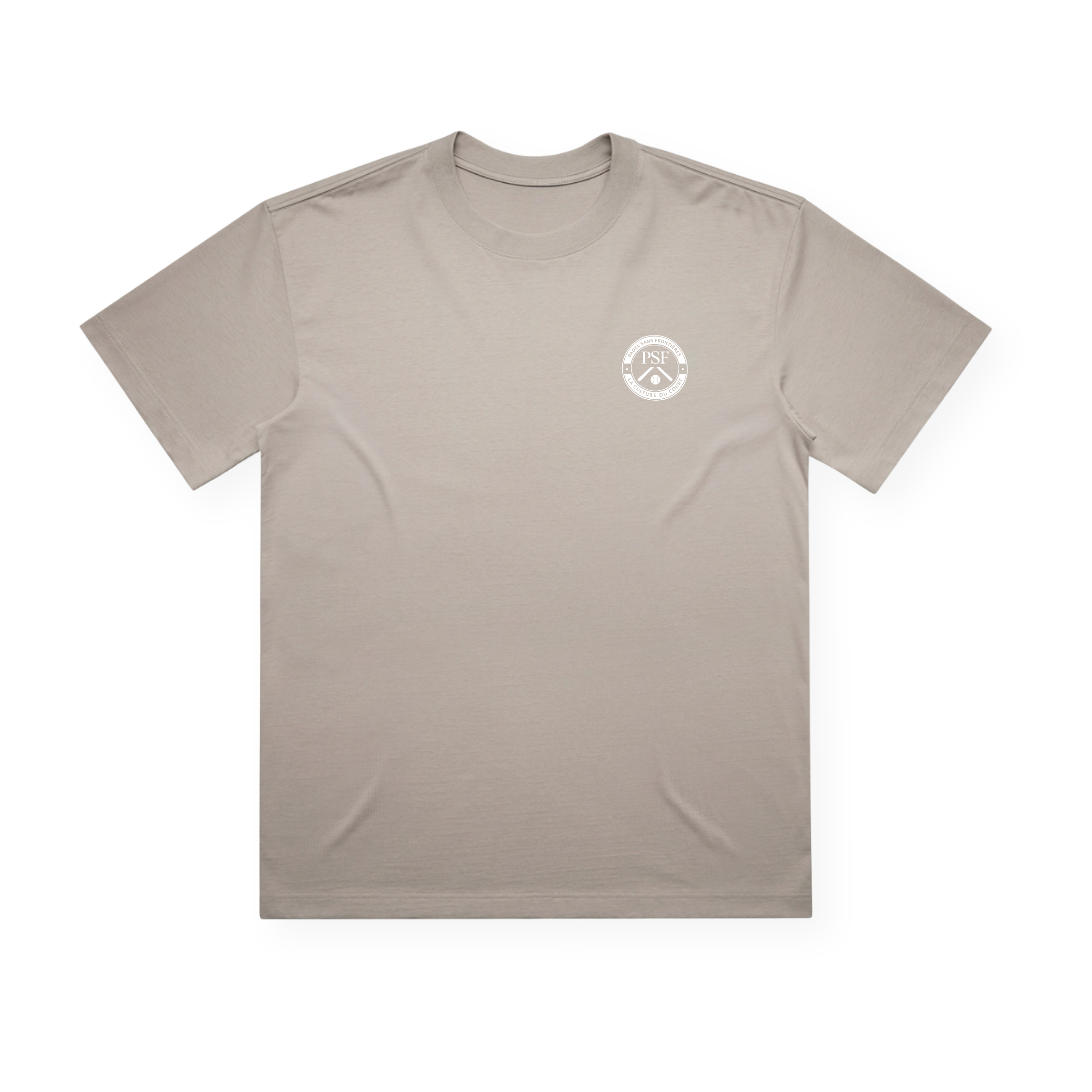 PSF Collective The Sunday Padel Club Box Tee in Mushroom is displayed flat, showcasing its simple light gray design. It features a small white circular Sunday Padel Club logo with text and design elements on the left chest area. With a classic crew neck and no other visible markings or patterns, this premium tee is perfect for embracing the padel lifestyle. Designed for the Unwind