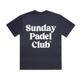 PSF Collective A navy premium box tee viewed from the back displays large, bold white text reading Sunday Padel Club® centered across the upper half of the shirt. The design is simple and uses a playful, rounded font style—perfect for those who embrace the padel lifestyle. Designed for the Unwind